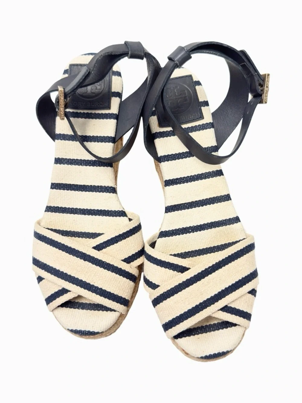 Tory Burch Karissa Navy Stripe Espadrille Ankle Strap Wedge Size 7